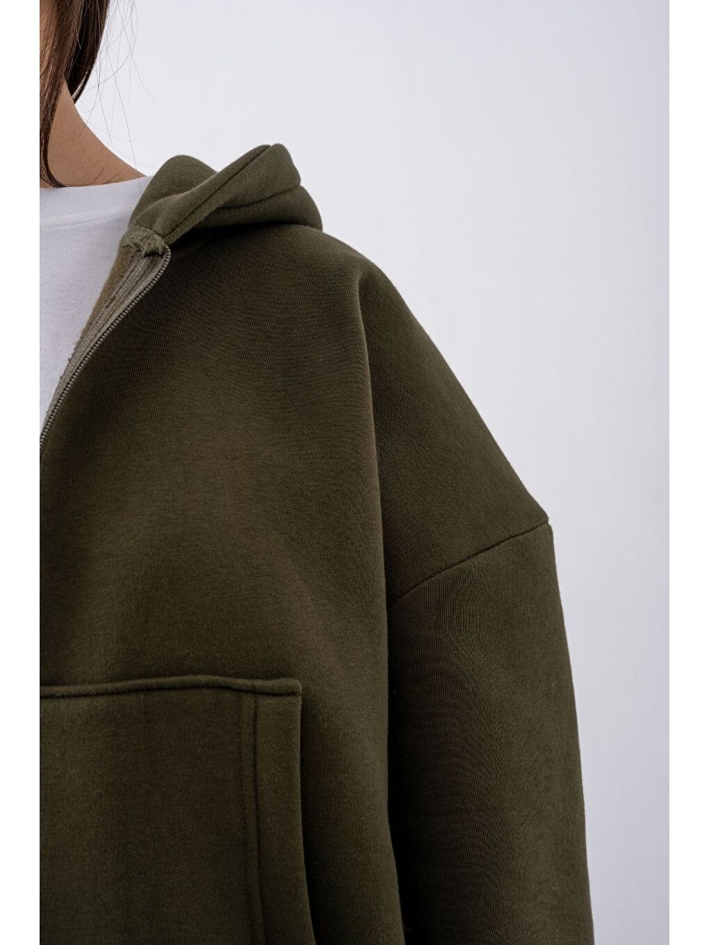 Kadın Chill Oversize Haki Fermuarlı Sweatshirt-1