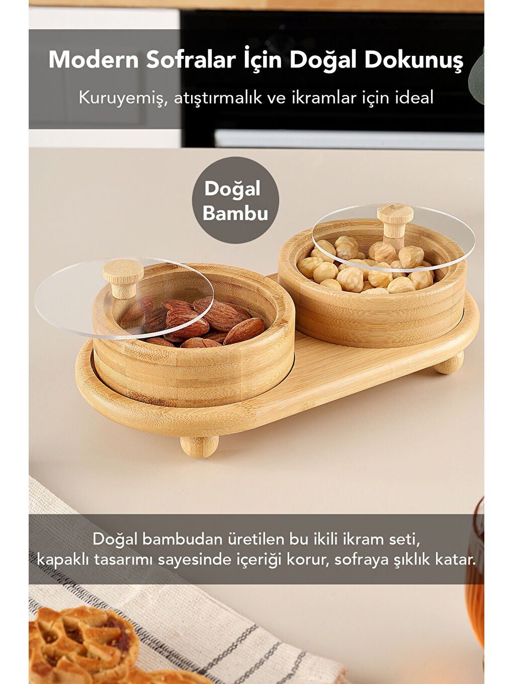 Bej 2'li Standlı Bambu Çerezlik-1