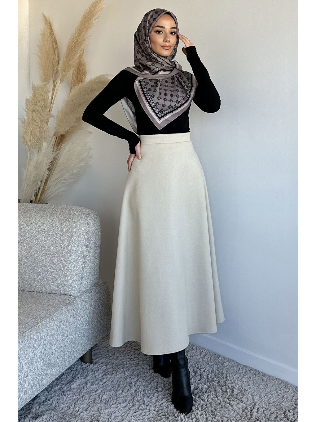 Bej Bel Lastikli Kaşe Tesettür Etek-2