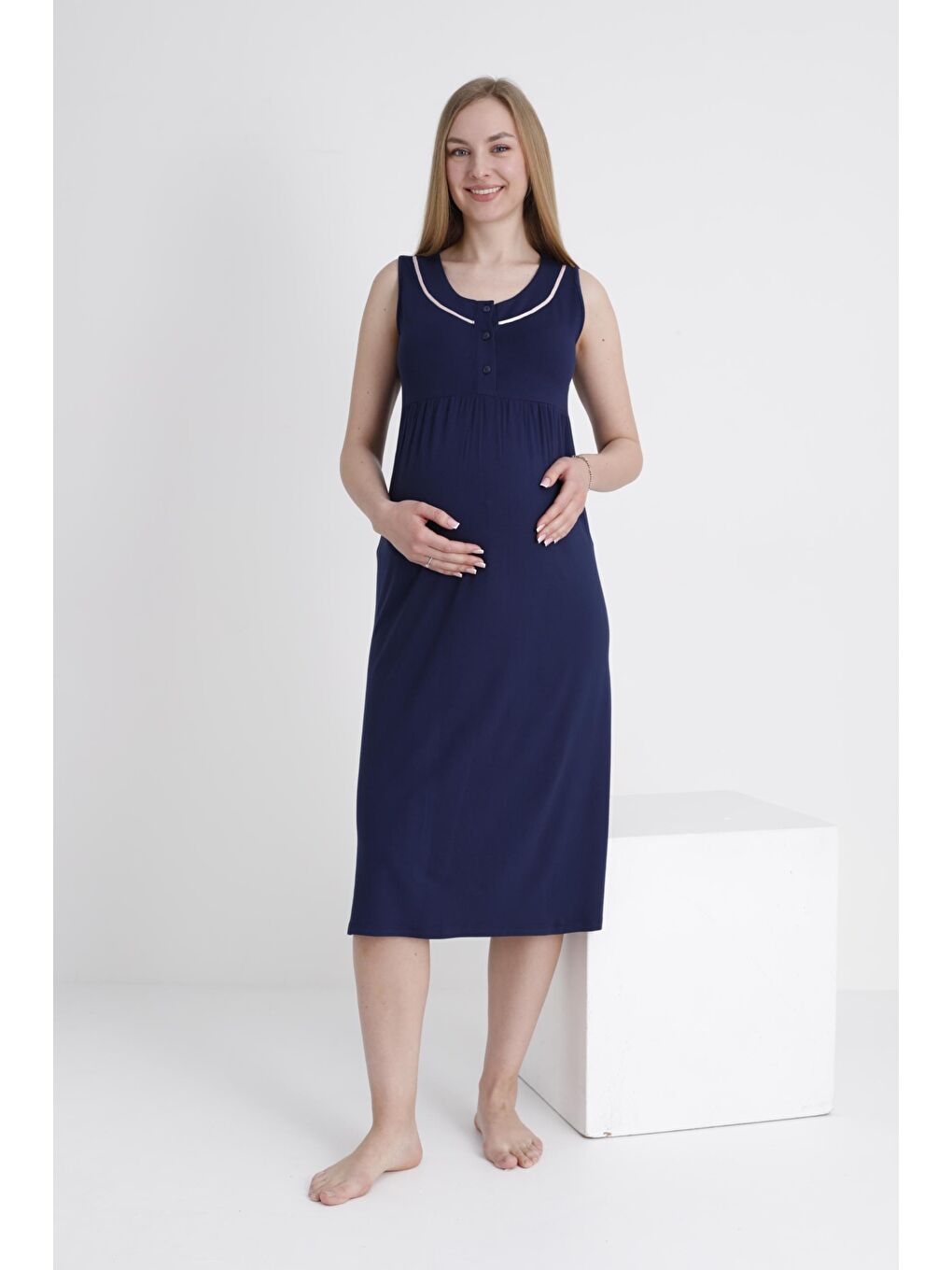 Lacivert Sabahlıklı Emzirmeye Uygun Şerit Detaylı Hamile ve Lohusa Sıfır Kol Gecelik Takımı-2