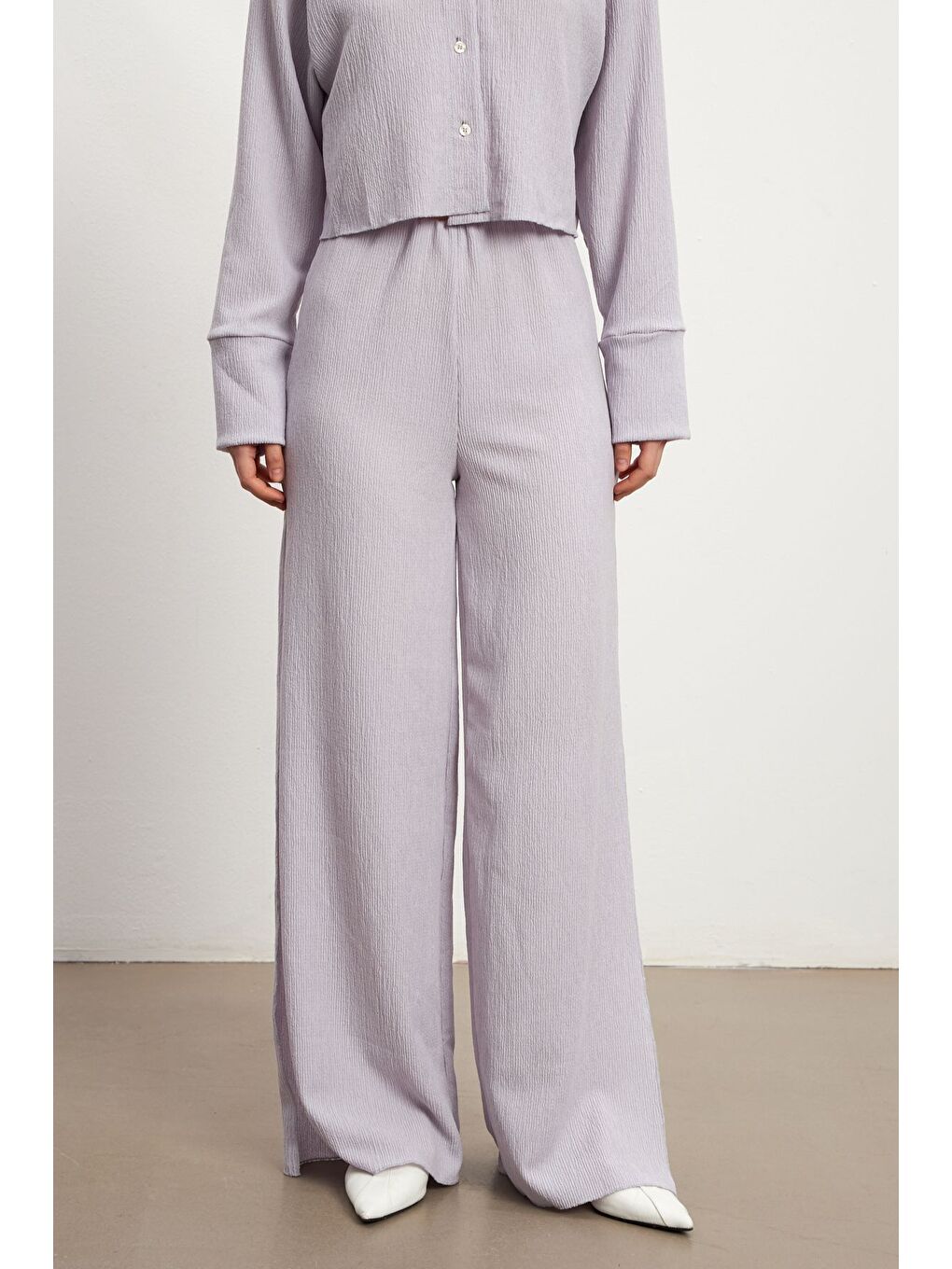 Kadın Lila Yırtmaç Detaylı Krinkıl Pantolon