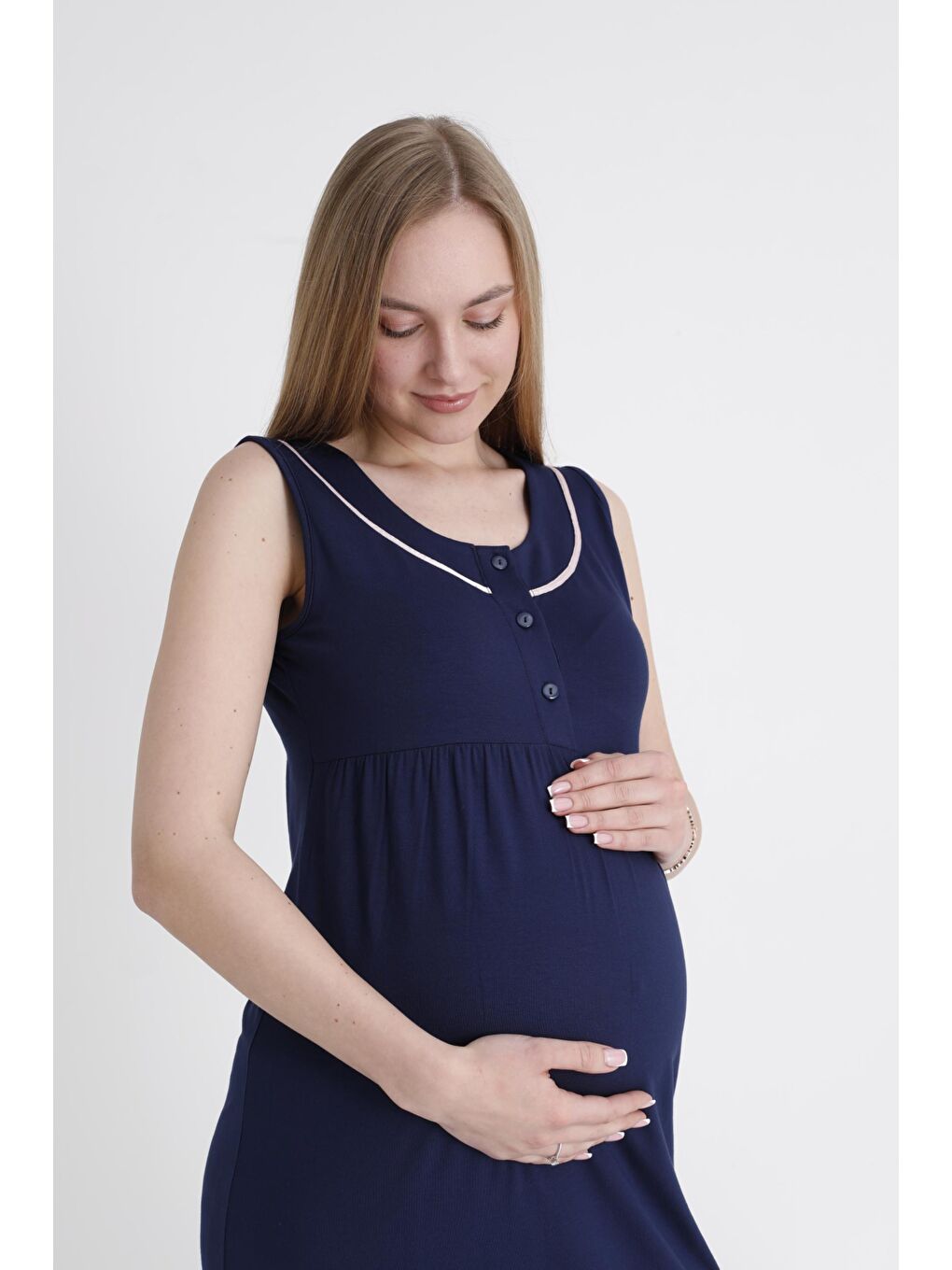 Lacivert Sabahlıklı Emzirmeye Uygun Şerit Detaylı Hamile ve Lohusa Sıfır Kol Gecelik Takımı-5