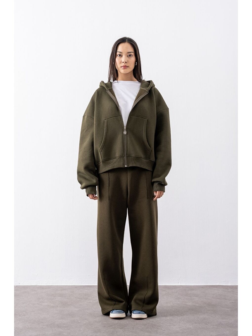 Kadın Chill Oversize Haki Fermuarlı Sweatshirt-4