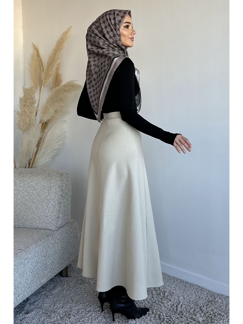 Bej Bel Lastikli Kaşe Tesettür Etek-5