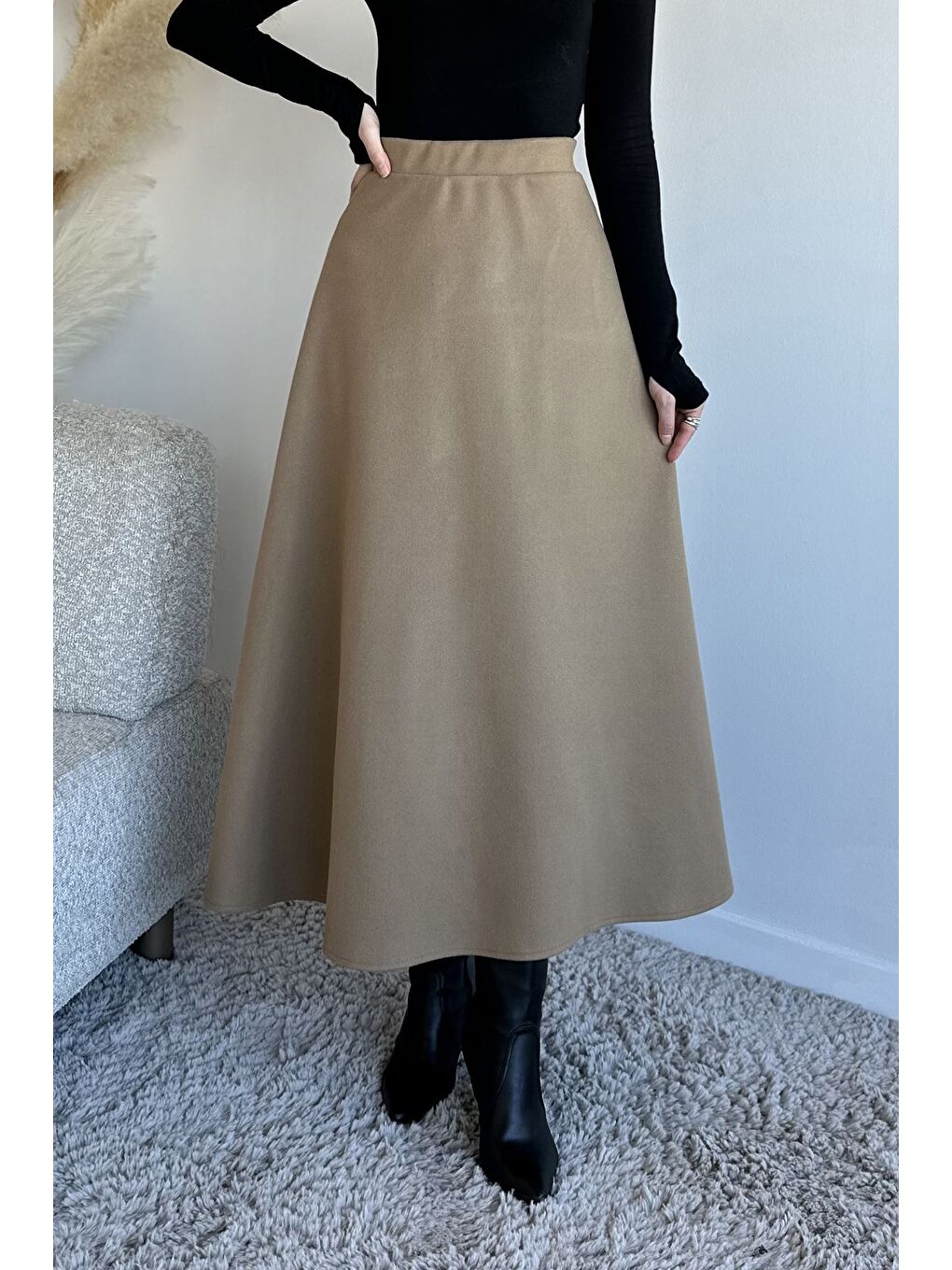 Bej Bel Lastikli Kaşe Tesettür Etek-1