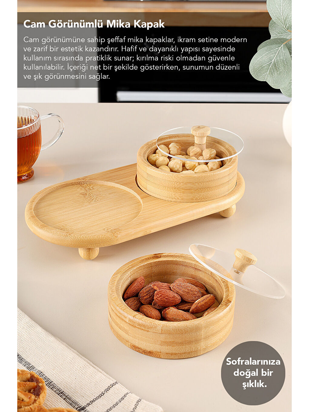 Bej 2'li Standlı Bambu Çerezlik-2