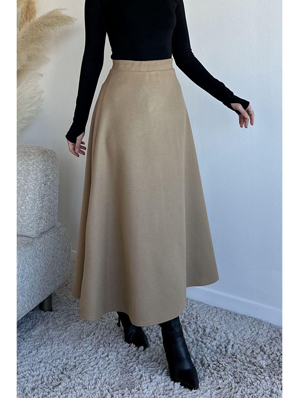 Bej Bel Lastikli Kaşe Tesettür Etek-2