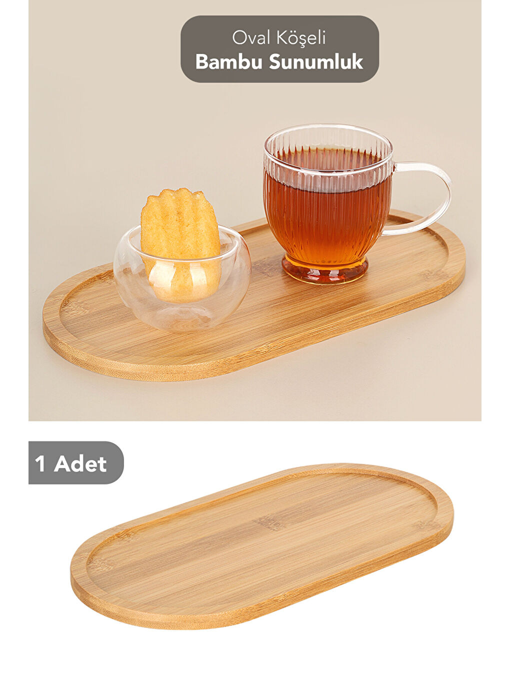 Bej 1 Adet Oval Bambu Sunumluk