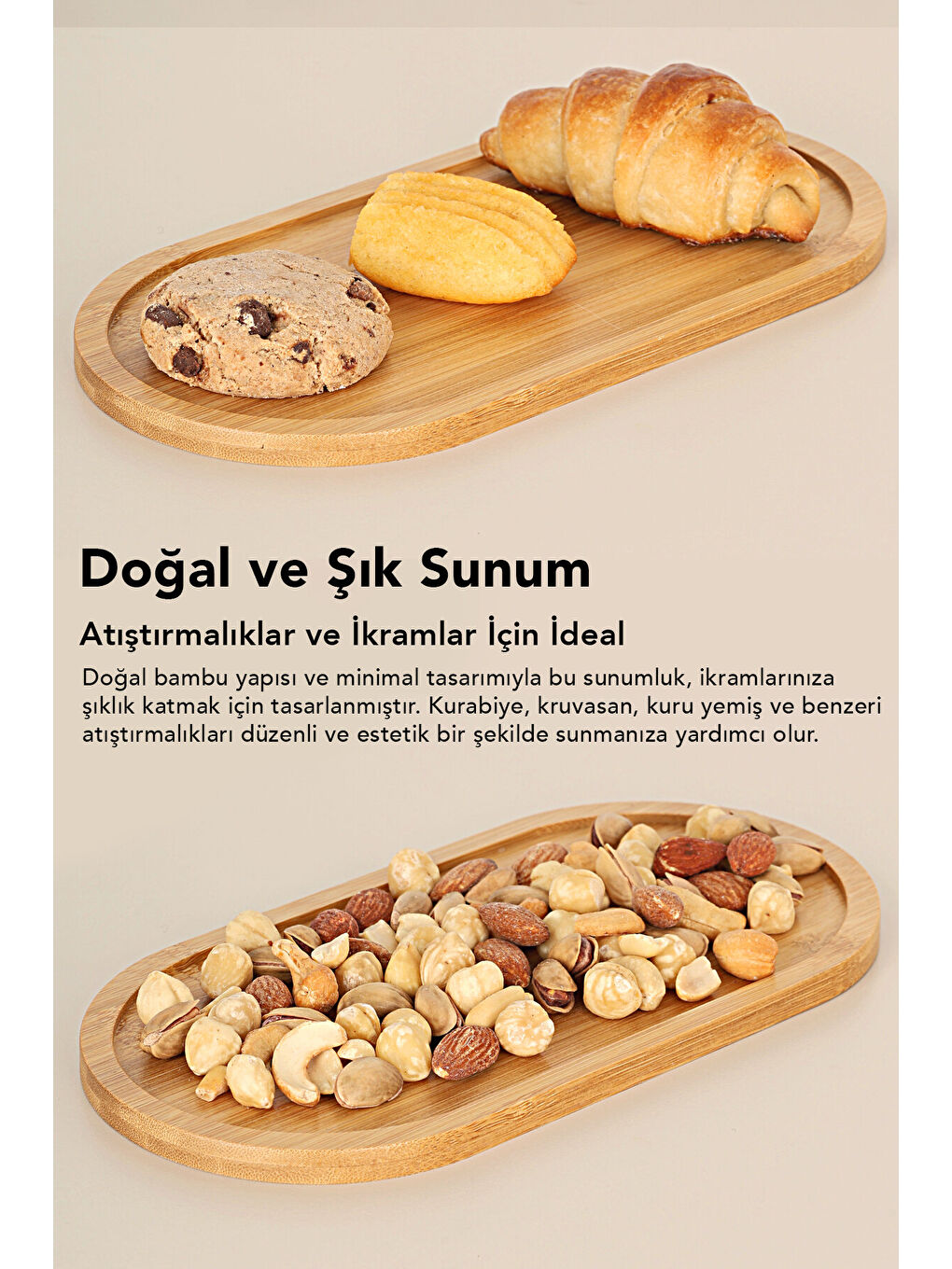 Bej 1 Adet Oval Bambu Sunumluk-1