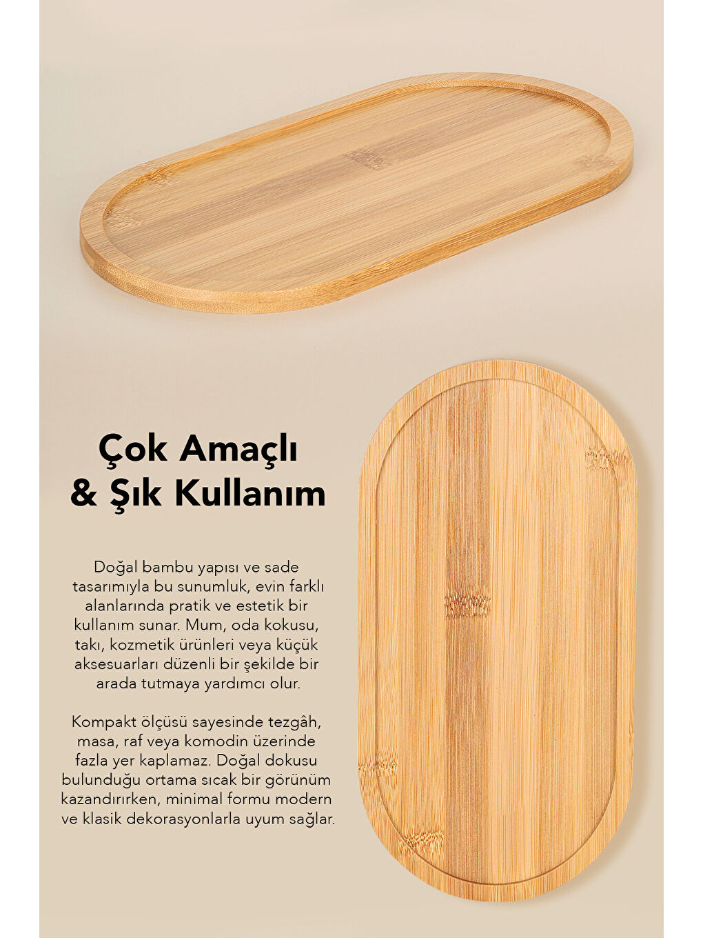 Bej 1 Adet Oval Bambu Sunumluk-3