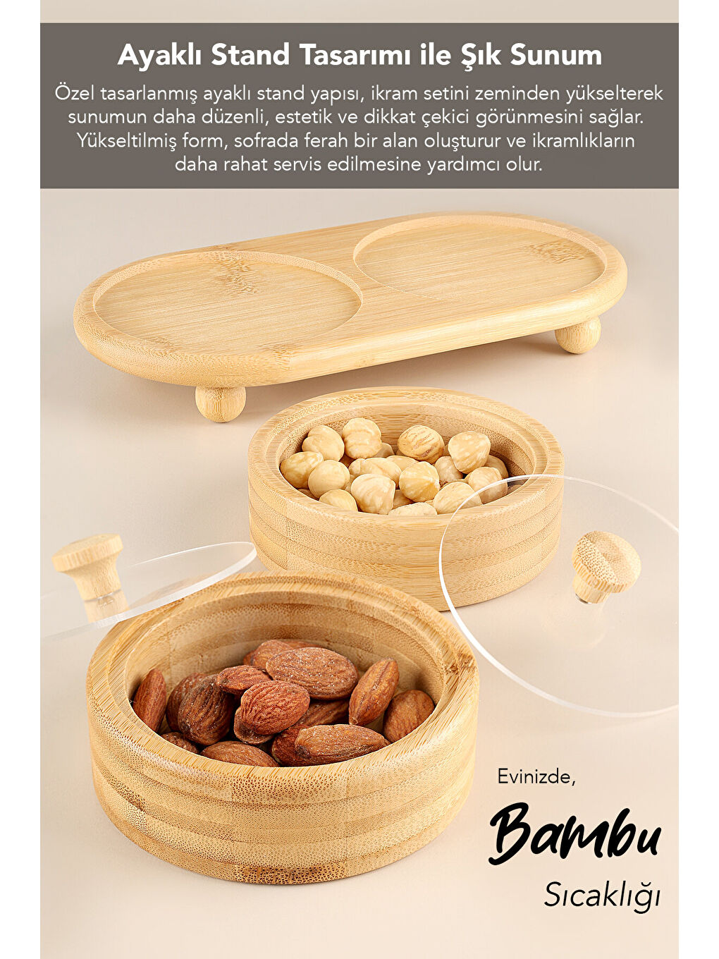Bej 2'li Standlı Bambu Çerezlik-3