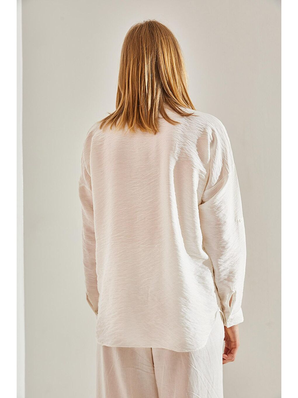 Ekru Kadın Nakış Taş İşlemeli Keten Ayrobin Oversize Gömlek-5