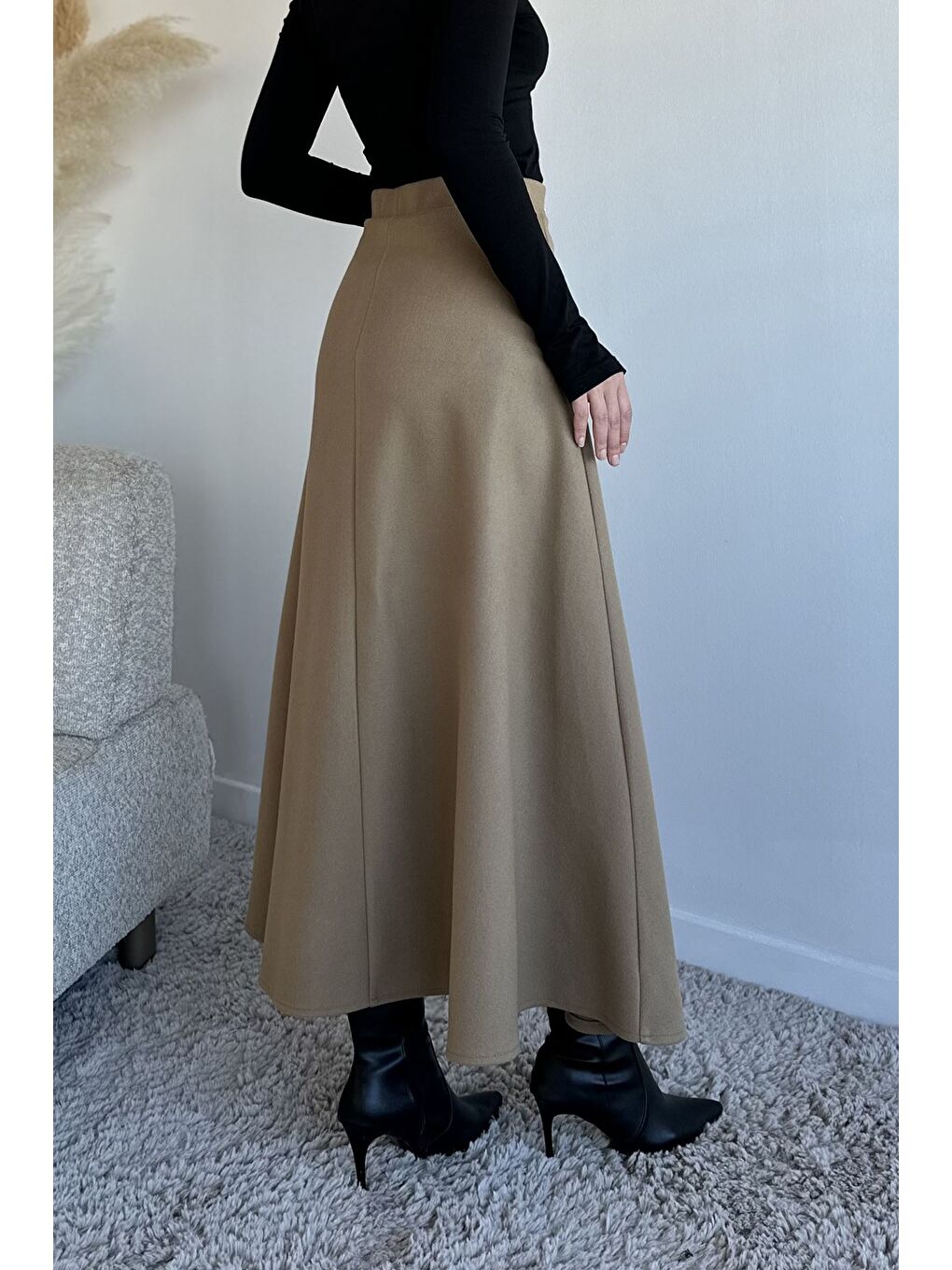 Bej Bel Lastikli Kaşe Tesettür Etek-7