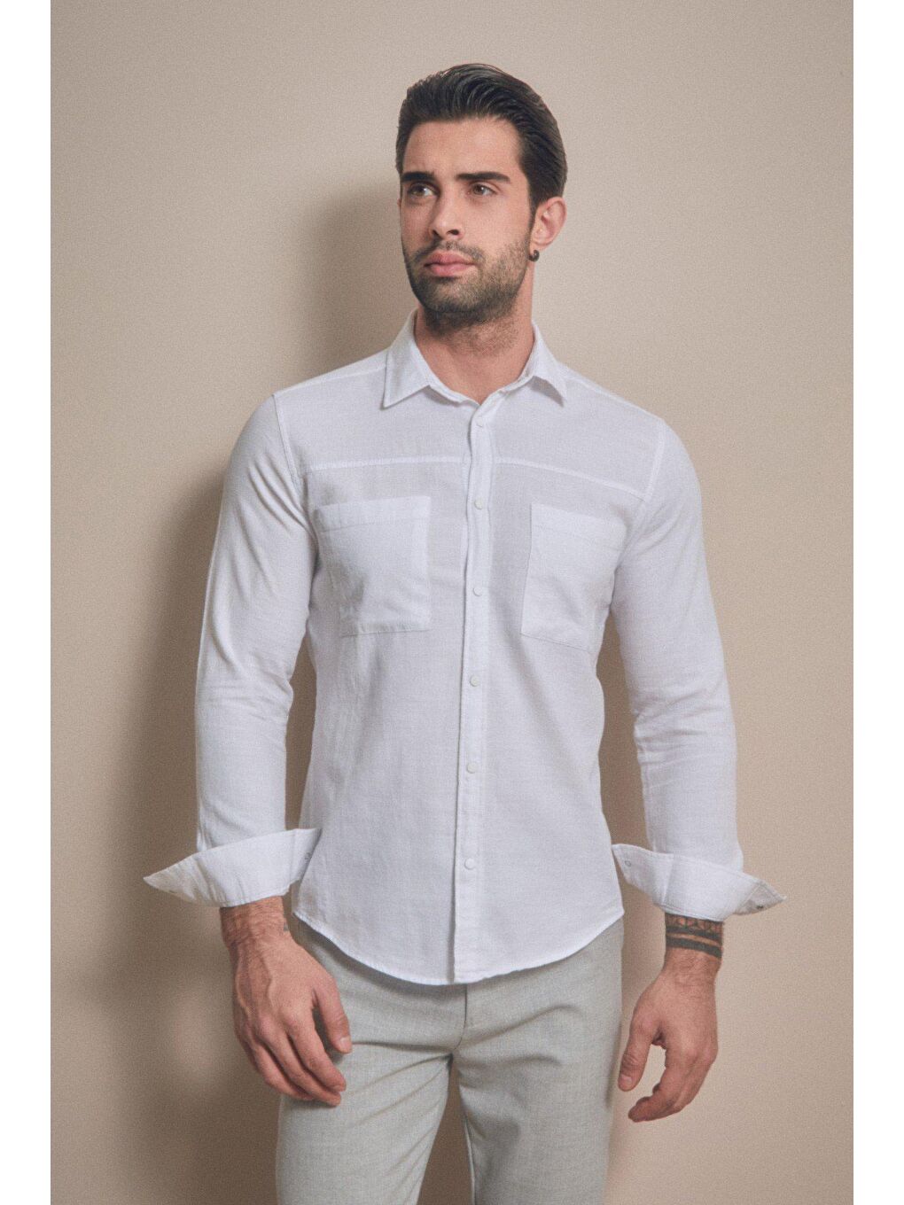 Beyaz Çıtçıtlı Cepli Gömlek-2