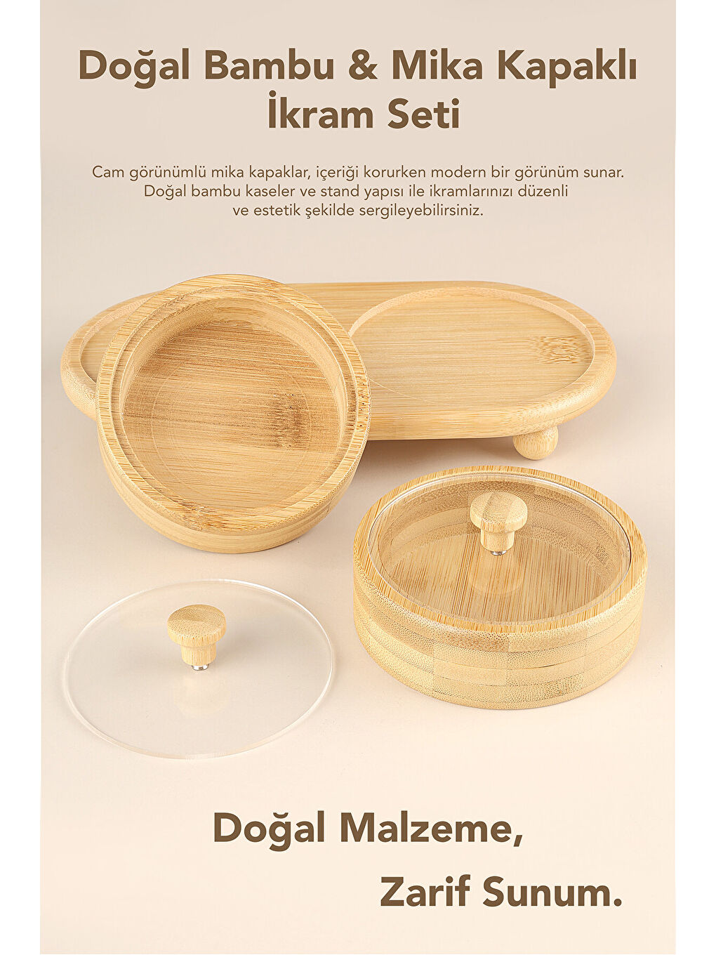 Bej 2'li Standlı Bambu Çerezlik-4
