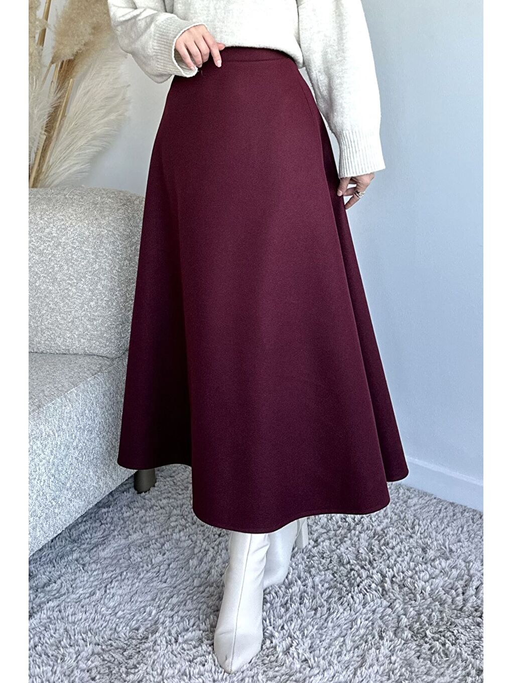 Bordo Bel Lastikli Kaşe Tesettür Etek-1