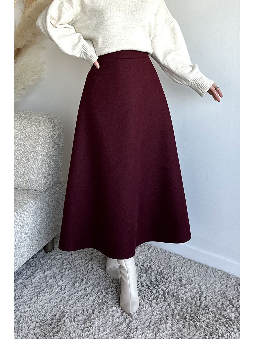 Bordo Bel Lastikli Kaşe Tesettür Etek-2