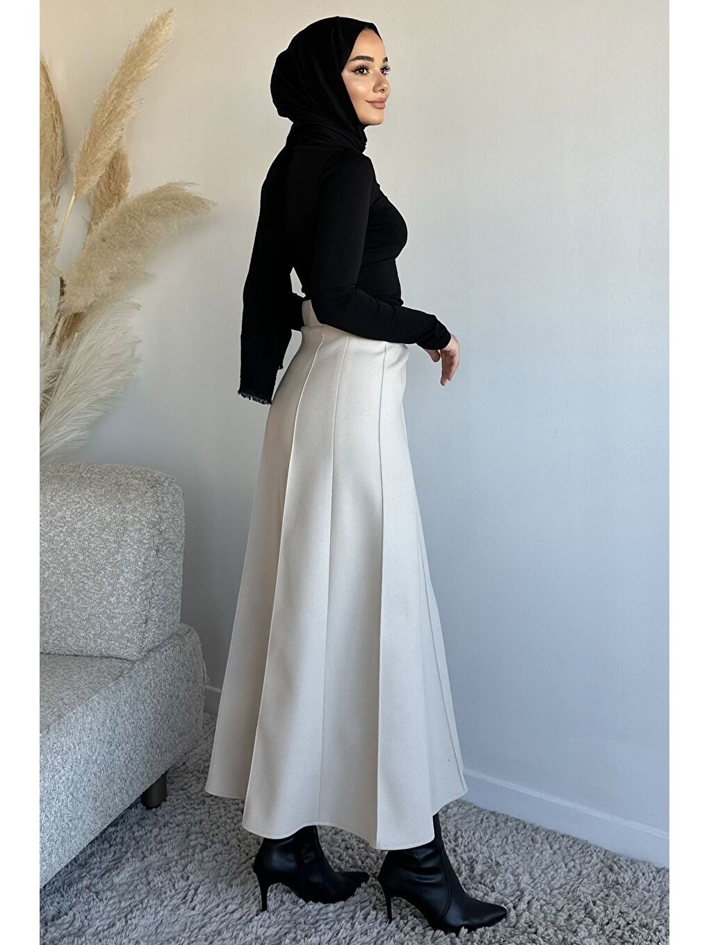 Bej Bel Lastikli Çimalı Kaşe Tesettür Etek-7