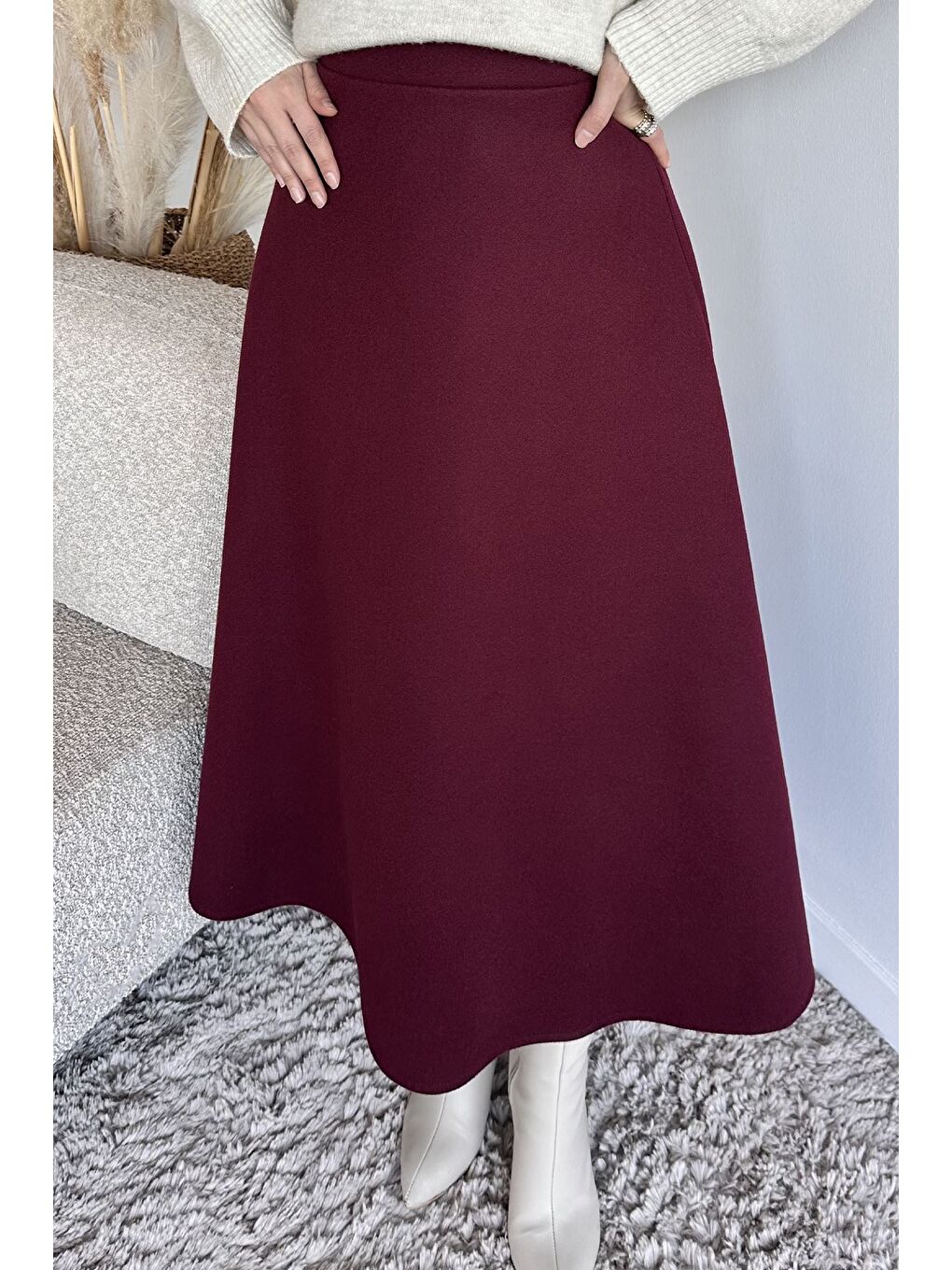 Bordo Bel Lastikli Kaşe Tesettür Etek-4