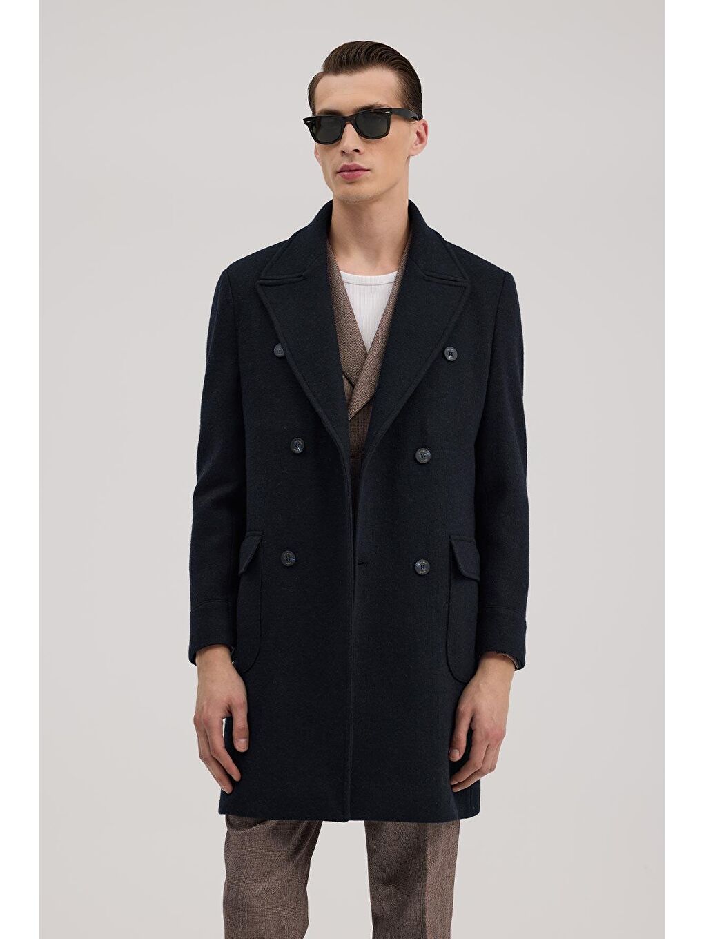 Lacivert Comfort Fit Kruvaze Yünlü Kaban