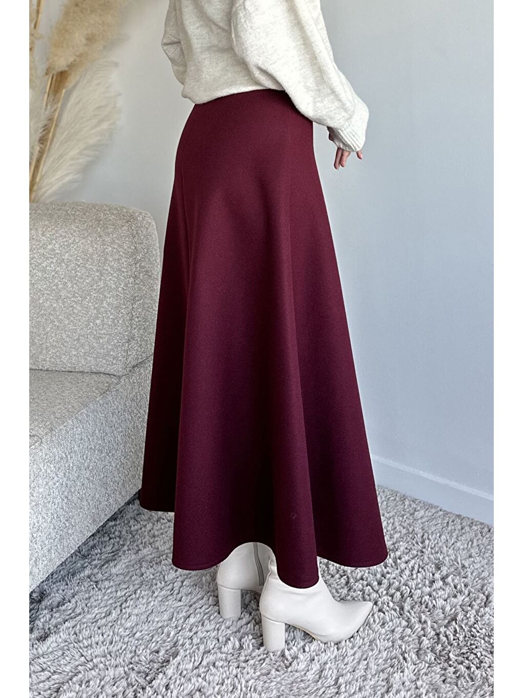 Bordo Bel Lastikli Kaşe Tesettür Etek-7