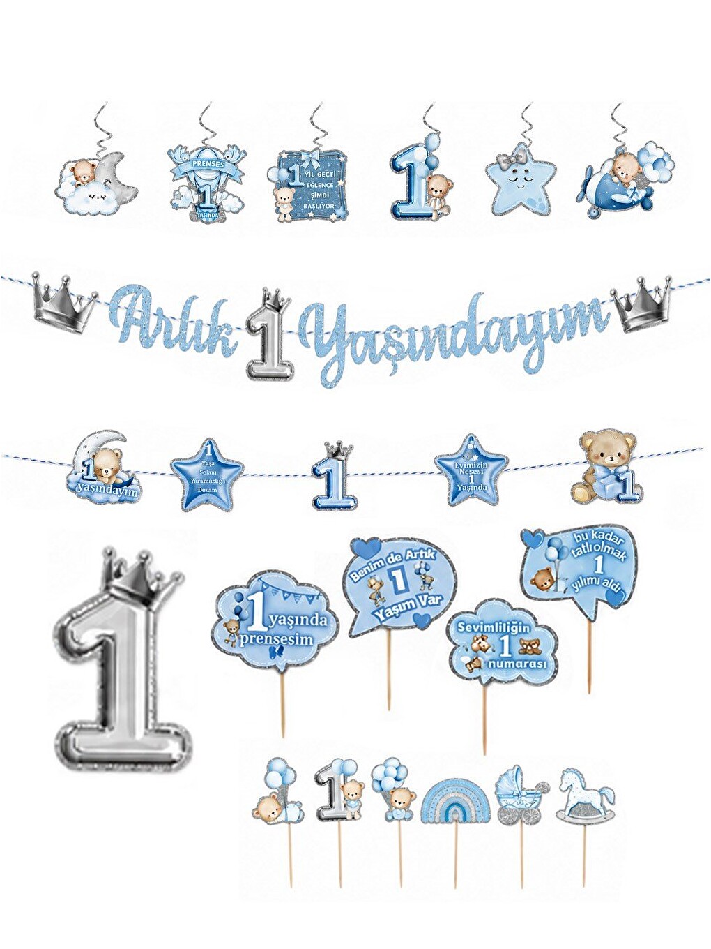 1 Yaş Temalı Erkek Bebek Doğum Günü Seti Parti Paketi Mavi Gümüş-1