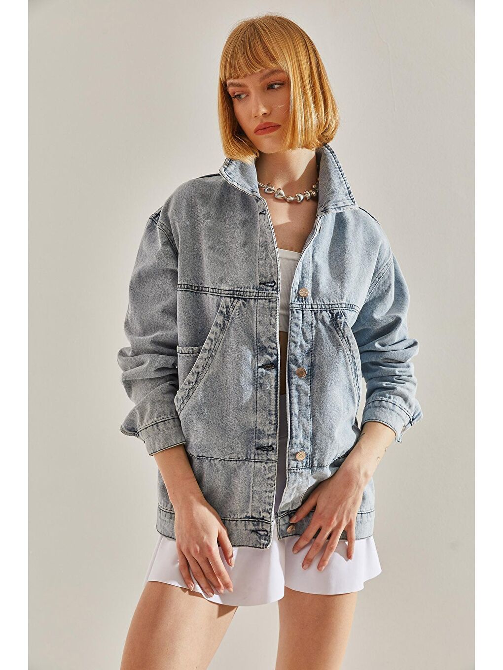 SHADE Mavi Kadın Çift Cep Detaylı Oversize Kesim Jean Ceket - 5