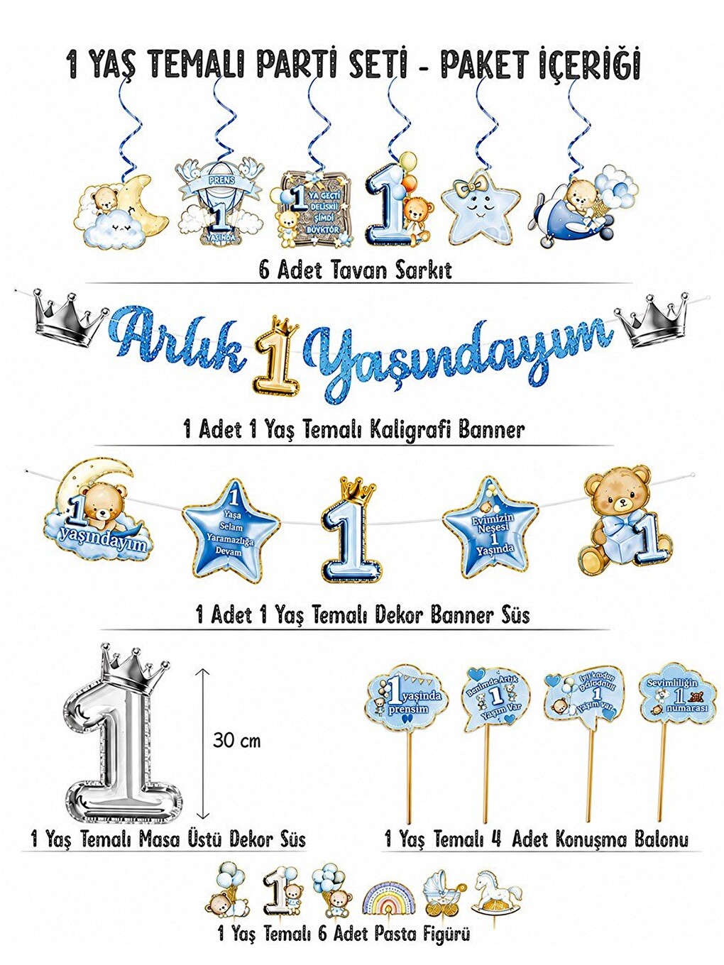 1 Yaş Temalı Erkek Bebek Doğum Günü Seti Parti Paketi Mavi Gümüş-2