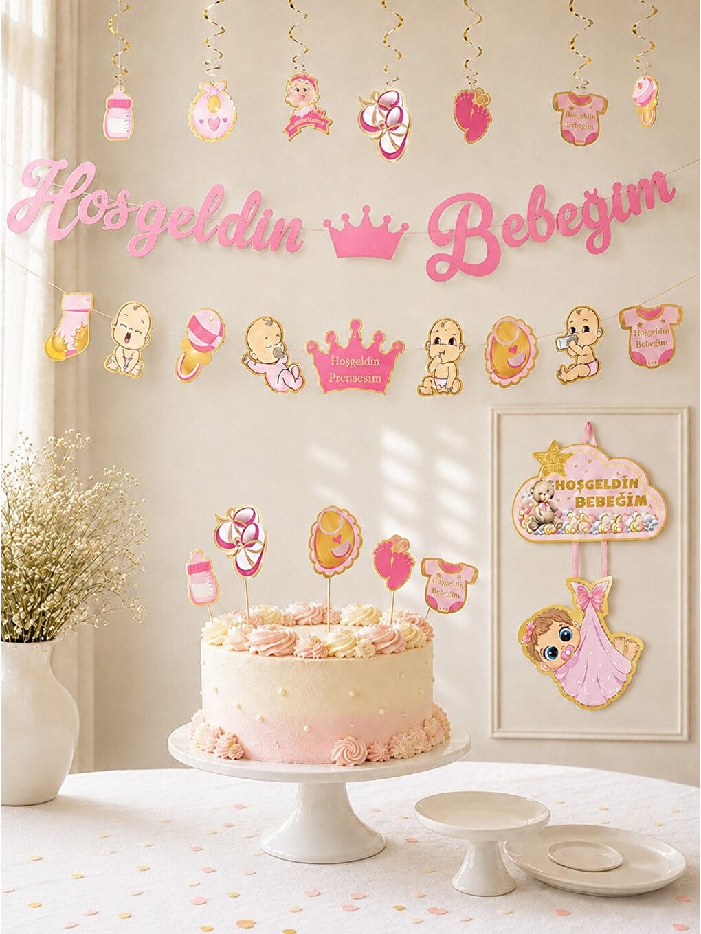 Pembe Hoşgeldin Bebeğim Parti Seti Kız Bebek Baby Shower Parti Süsleri