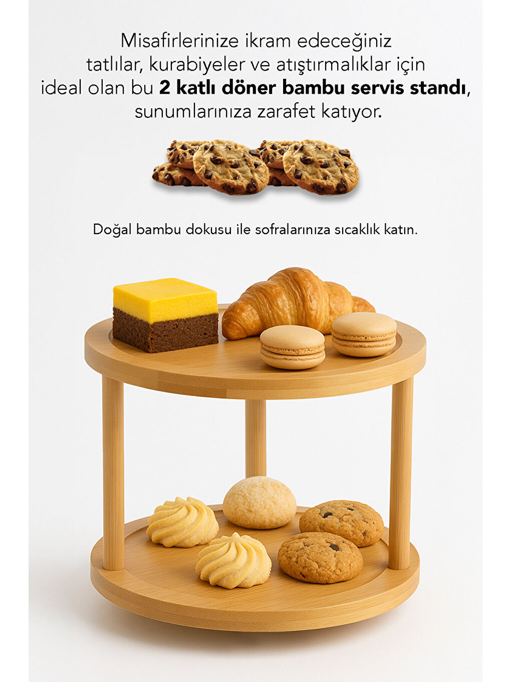 Bej 2 Katlı Dönebilen Bambu Servis Standı-2