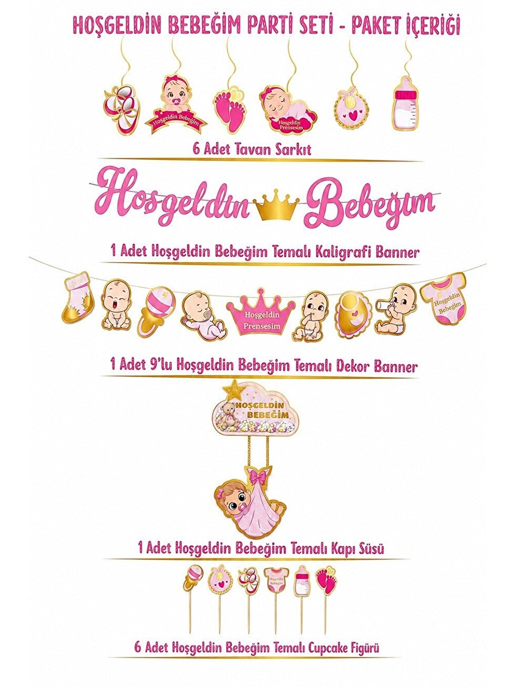 Pembe Hoşgeldin Bebeğim Parti Seti Kız Bebek Baby Shower Parti Süsleri-1