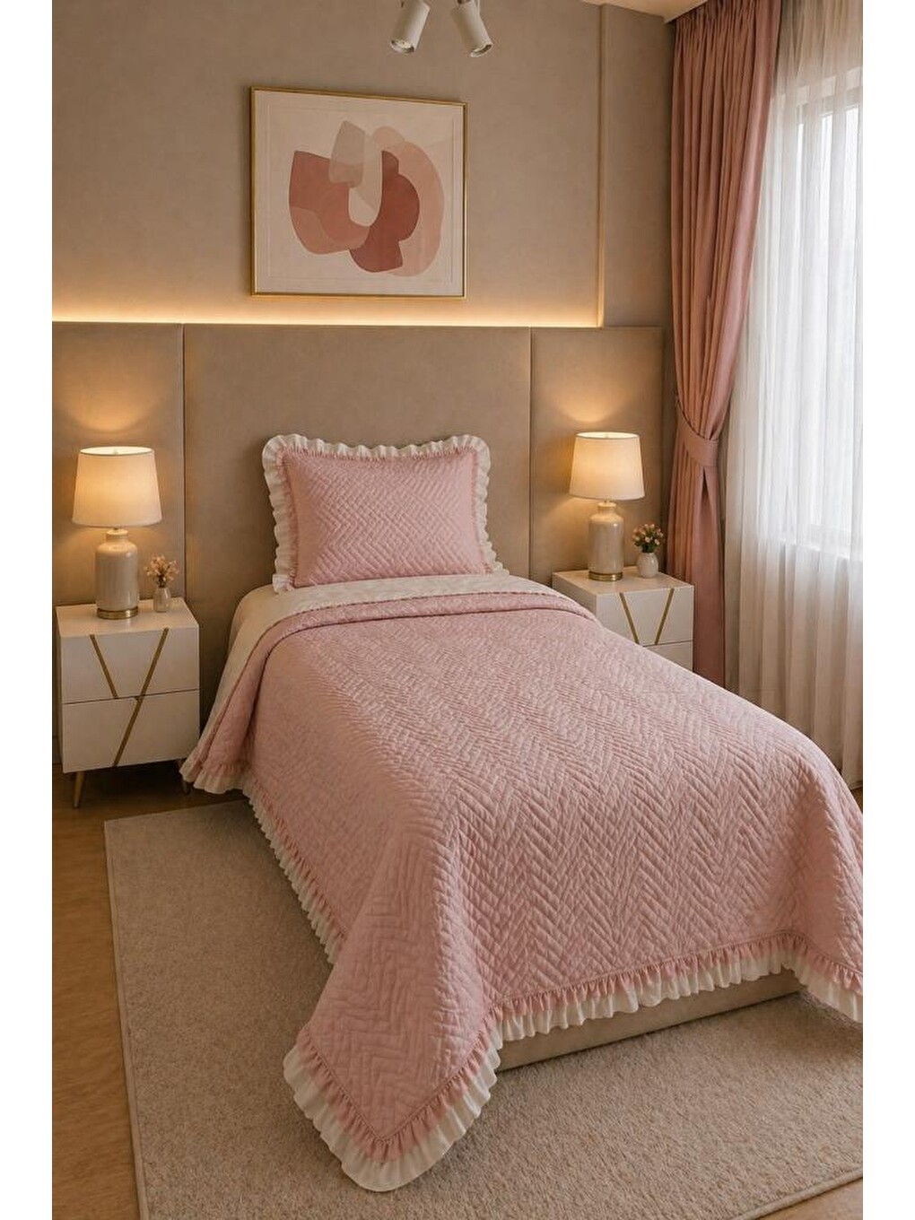 Pembe Gonca Çift Taraflı Tek Kişilik Yatak Örtüsü 180x240 Pudra