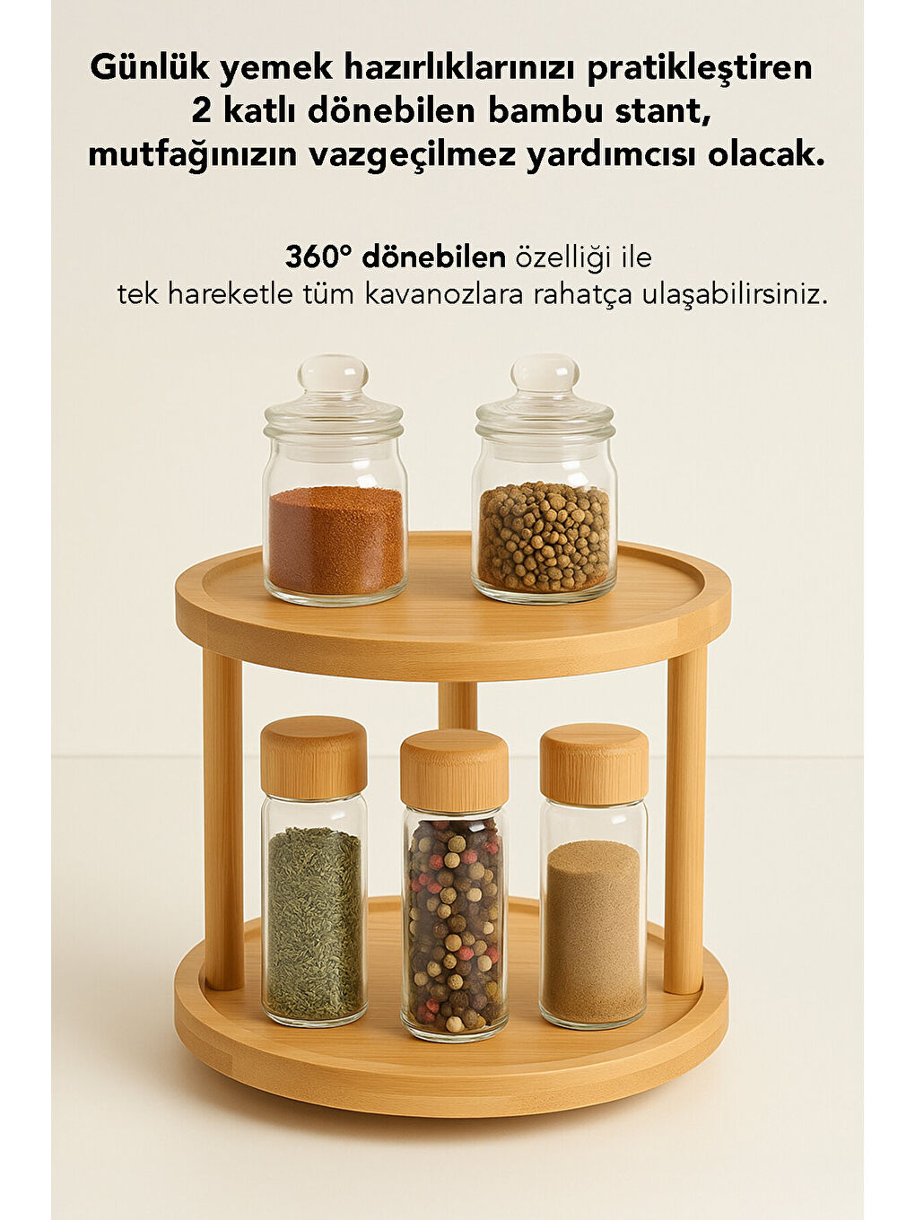 Bej 2 Katlı Dönebilen Bambu Servis Standı-3