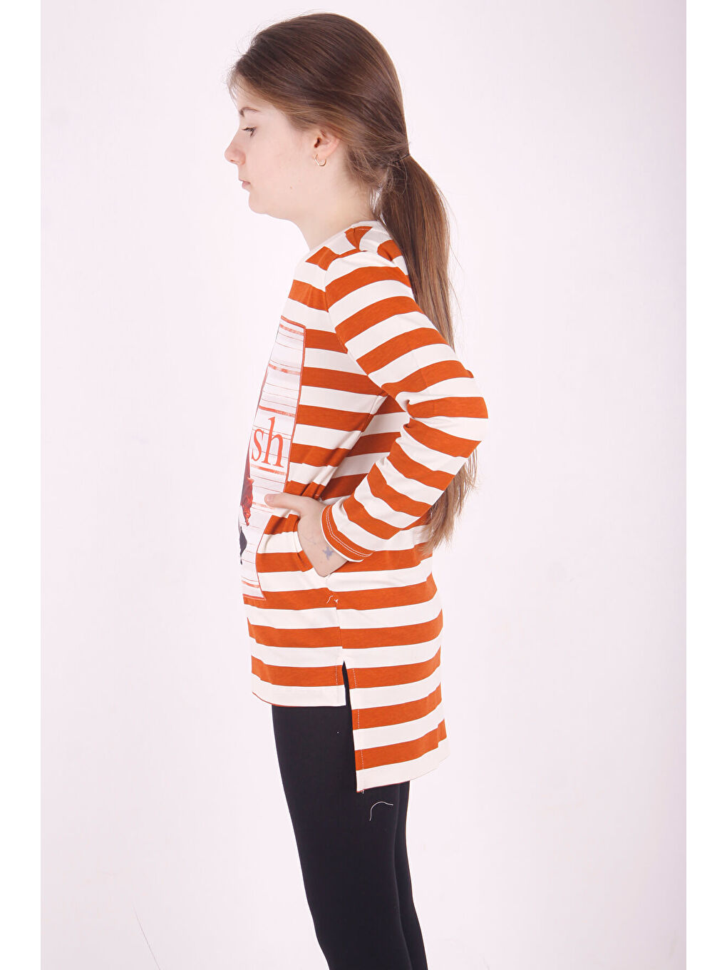 Turuncu Kız Çocuk Çizgili Kız Baskılı Tişört-1