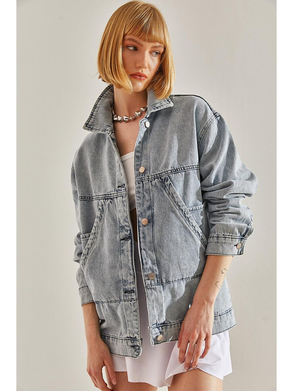 SHADE Mavi Kadın Çift Cep Detaylı Oversize Kesim Jean Ceket - 7