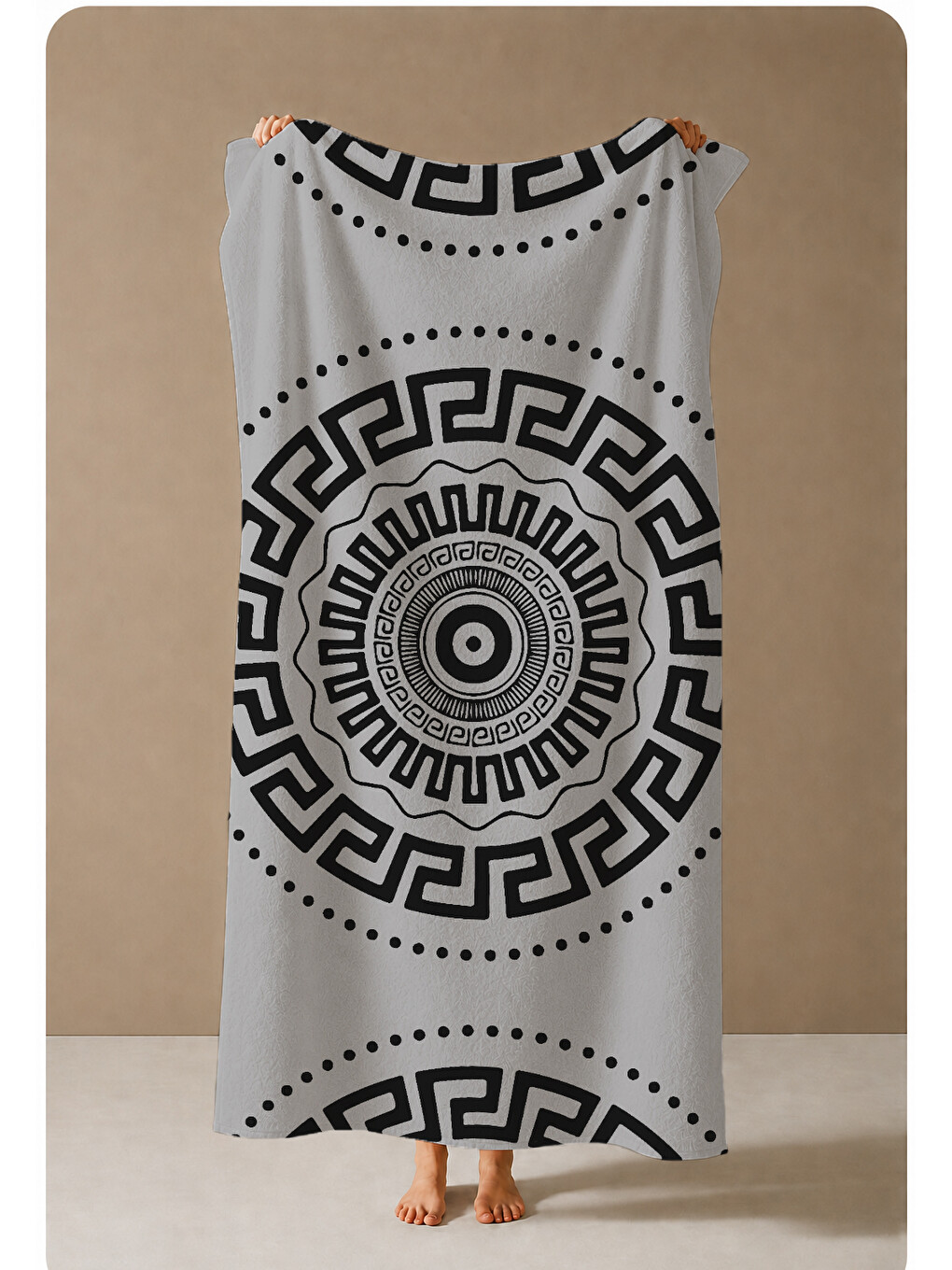 Bej Siyah Yunan Anahtarı Mandala Desenli 70x150 Cm Dijital Baskılı Plaj Ve Banyo Havlusu-3