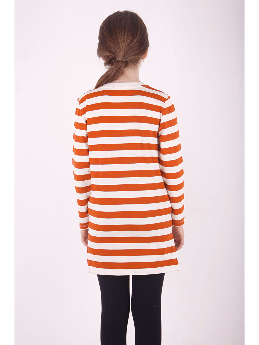 Turuncu Kız Çocuk Çizgili Kız Baskılı Tişört-2