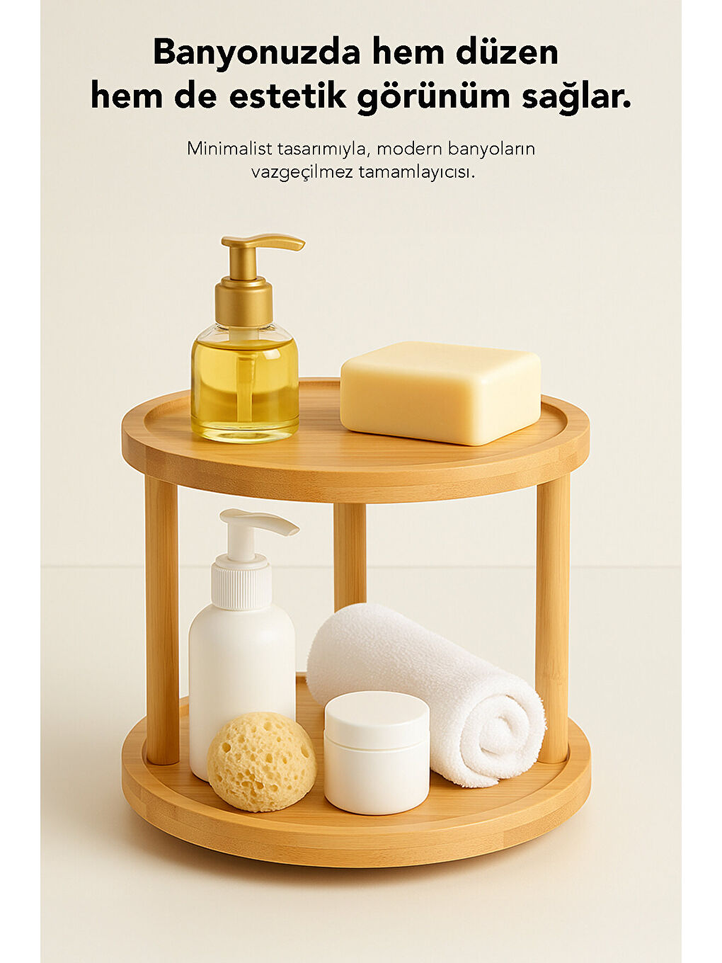 Bej 2 Katlı Dönebilen Bambu Servis Standı-4