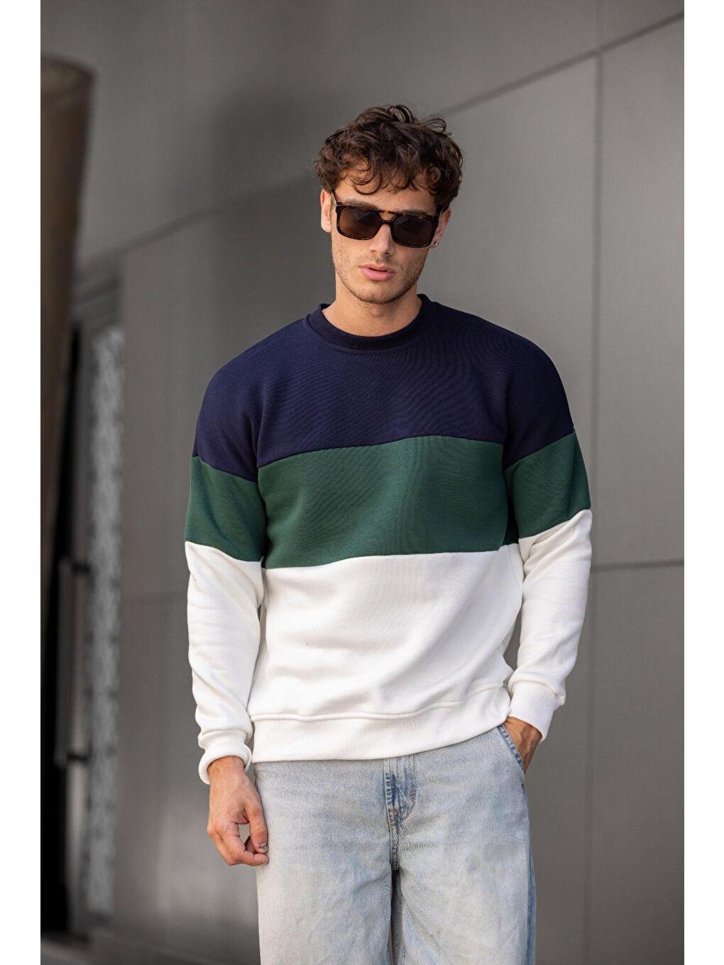 Lacivert Trc 3244 Üç İplik Pamuklu Parçalı Bisiklet Yaka Erkek Sweatshirt