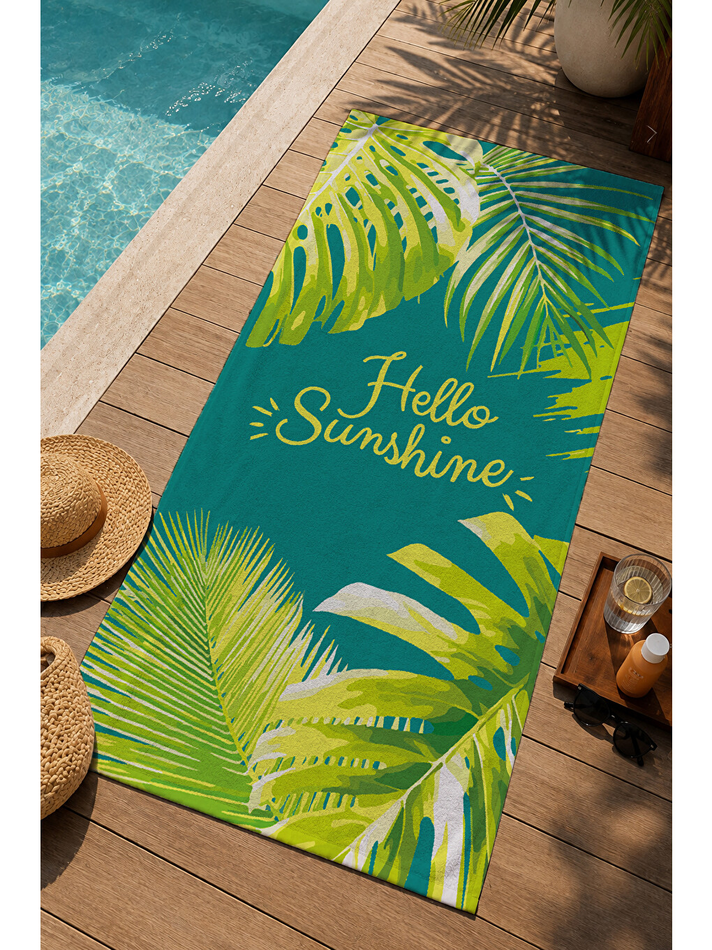 Yeşil Tropikal Hello Sunshine Yazılı 70x150 Cm Dijital Baskılı Plaj Ve Banyo Havlusu-2