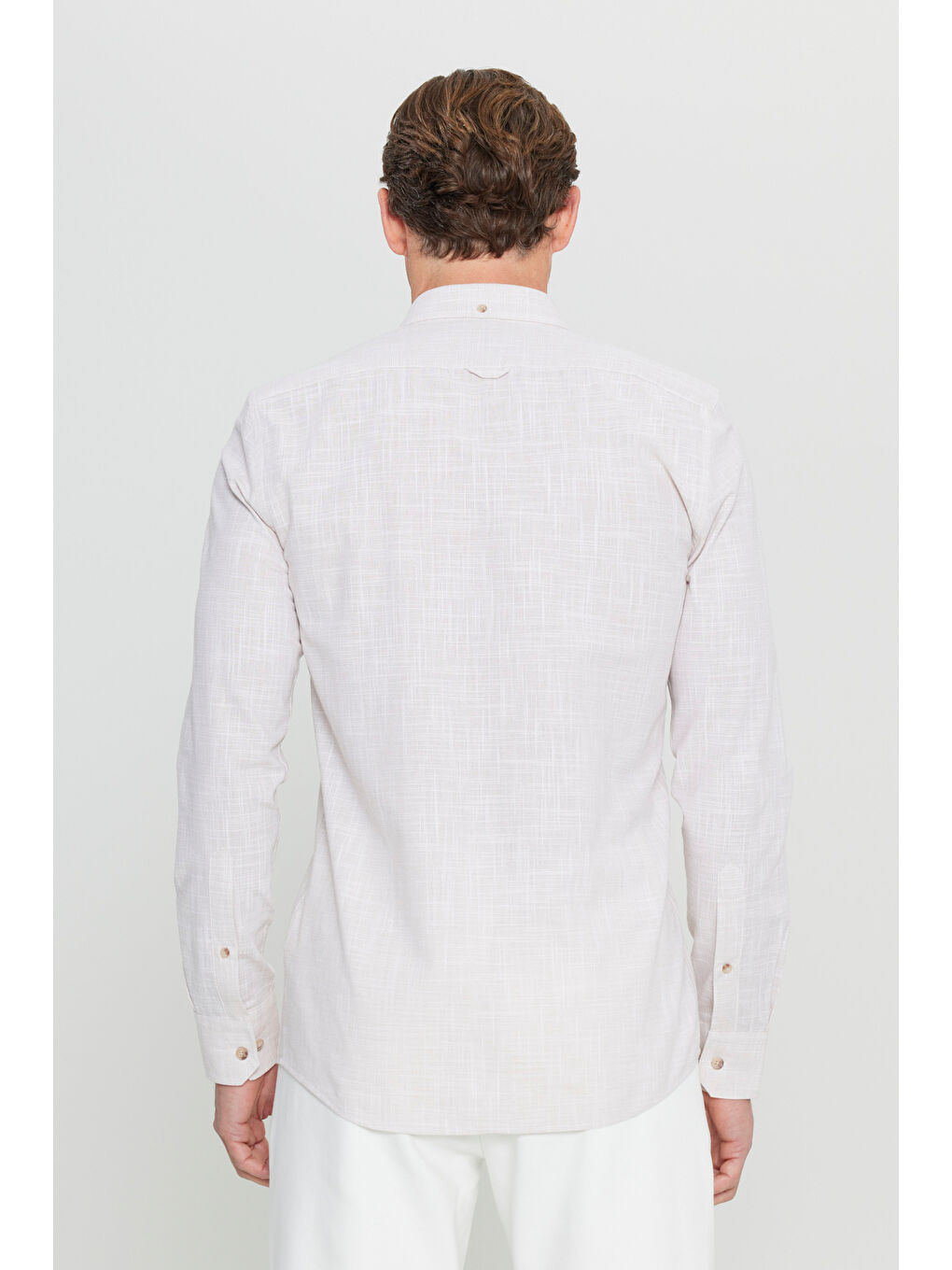 Erkek Bej %100 Pamuk Slim Fit Düğmeli Yaka Armürlü Flamlı Gömlek-5