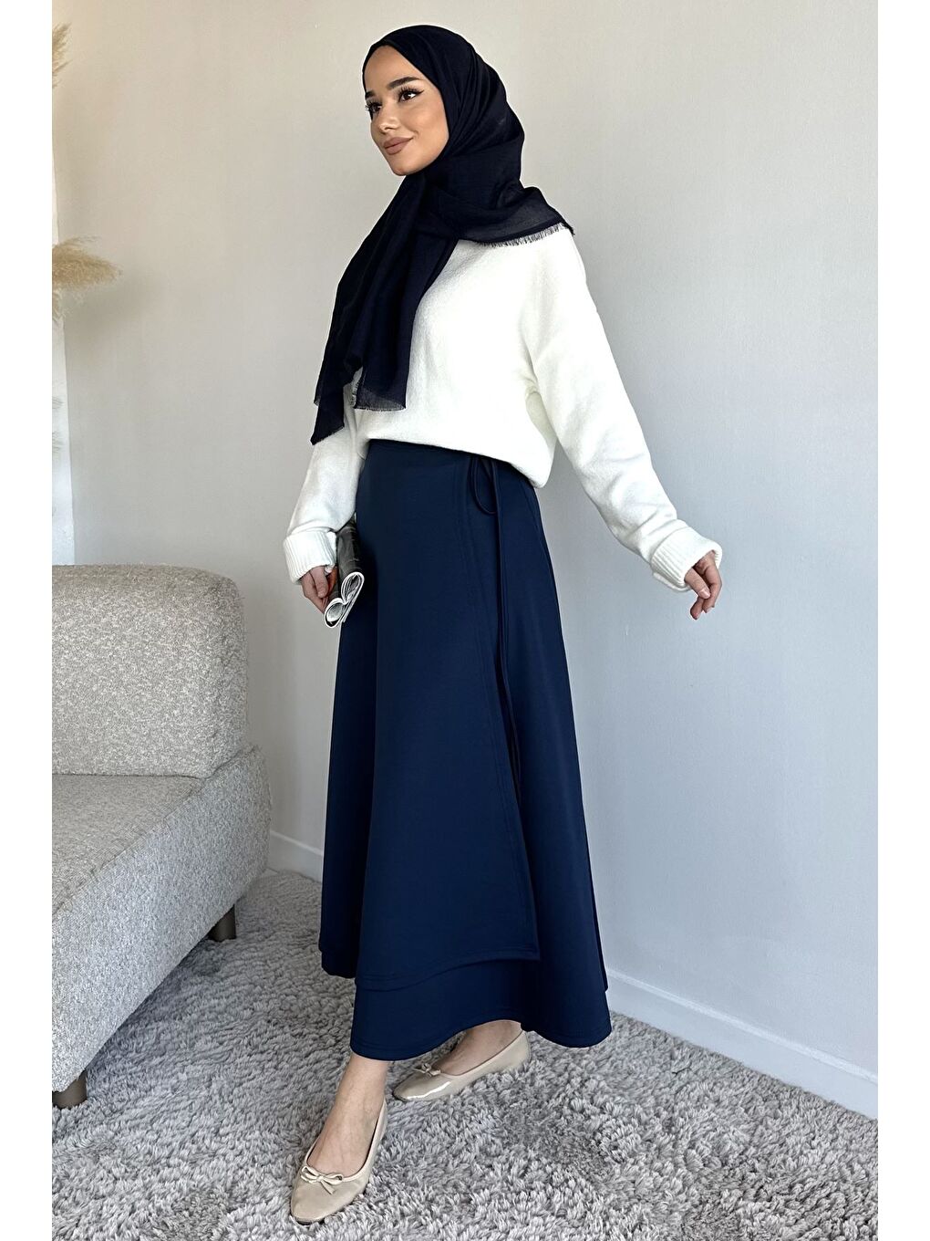 Lacivert Bel Bağlama Detaylı Kiloş Scuba Tesettür Etek-3