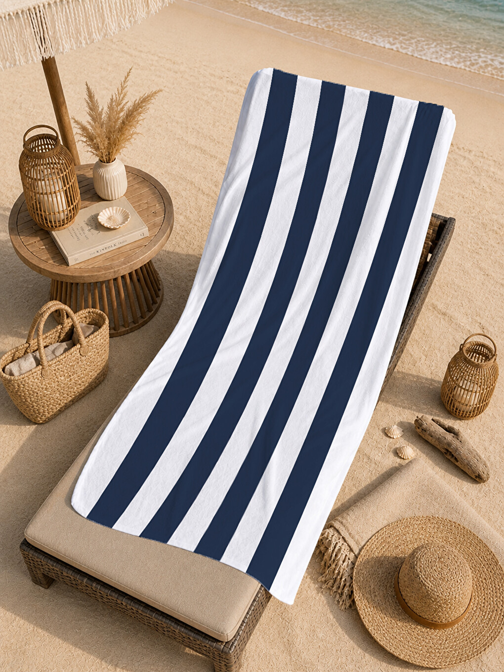 Milbay Grup Lacivert Beyaz Kalın Çizgili 70x150 Cm Dijital Plaj Ve Banyo Havlusu-37341-4