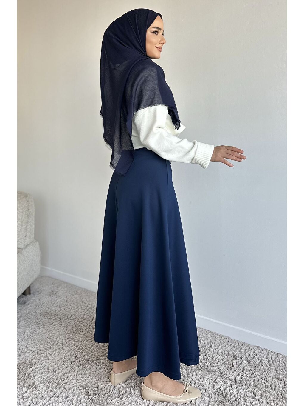 Lacivert Bel Bağlama Detaylı Kiloş Scuba Tesettür Etek-4