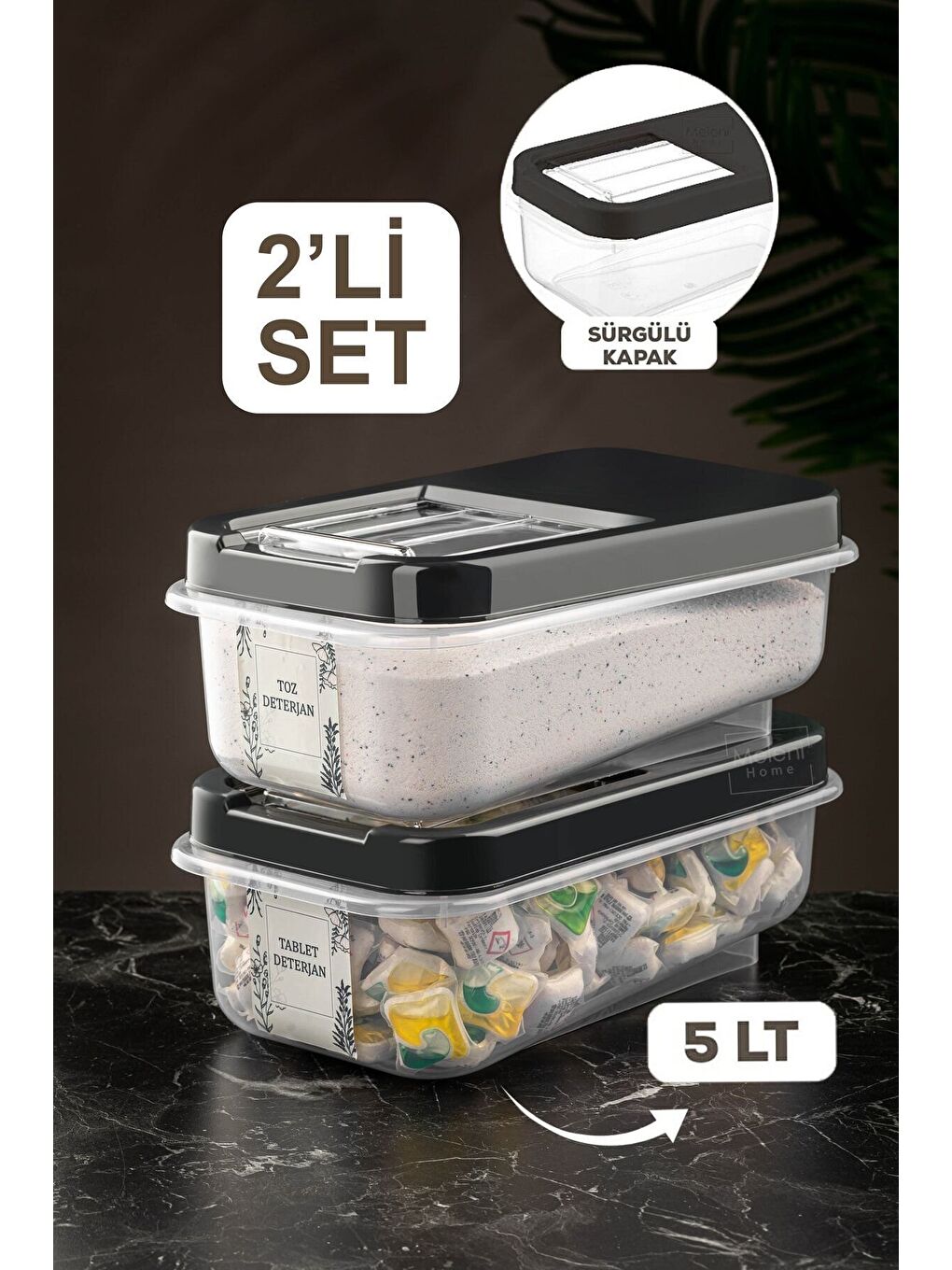 Antrasit 2'li Etiketli Kapaklı Deterjan Saklama Kutusu 5 l