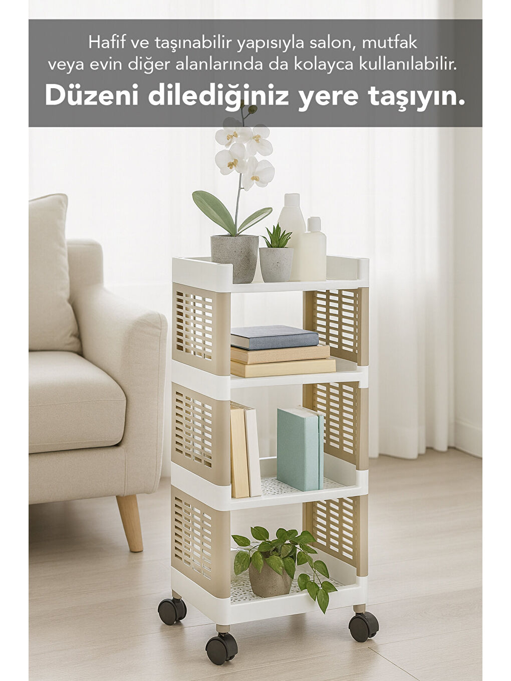 Bej 4 Katlı Tekerlekli Banyo Rafı-2