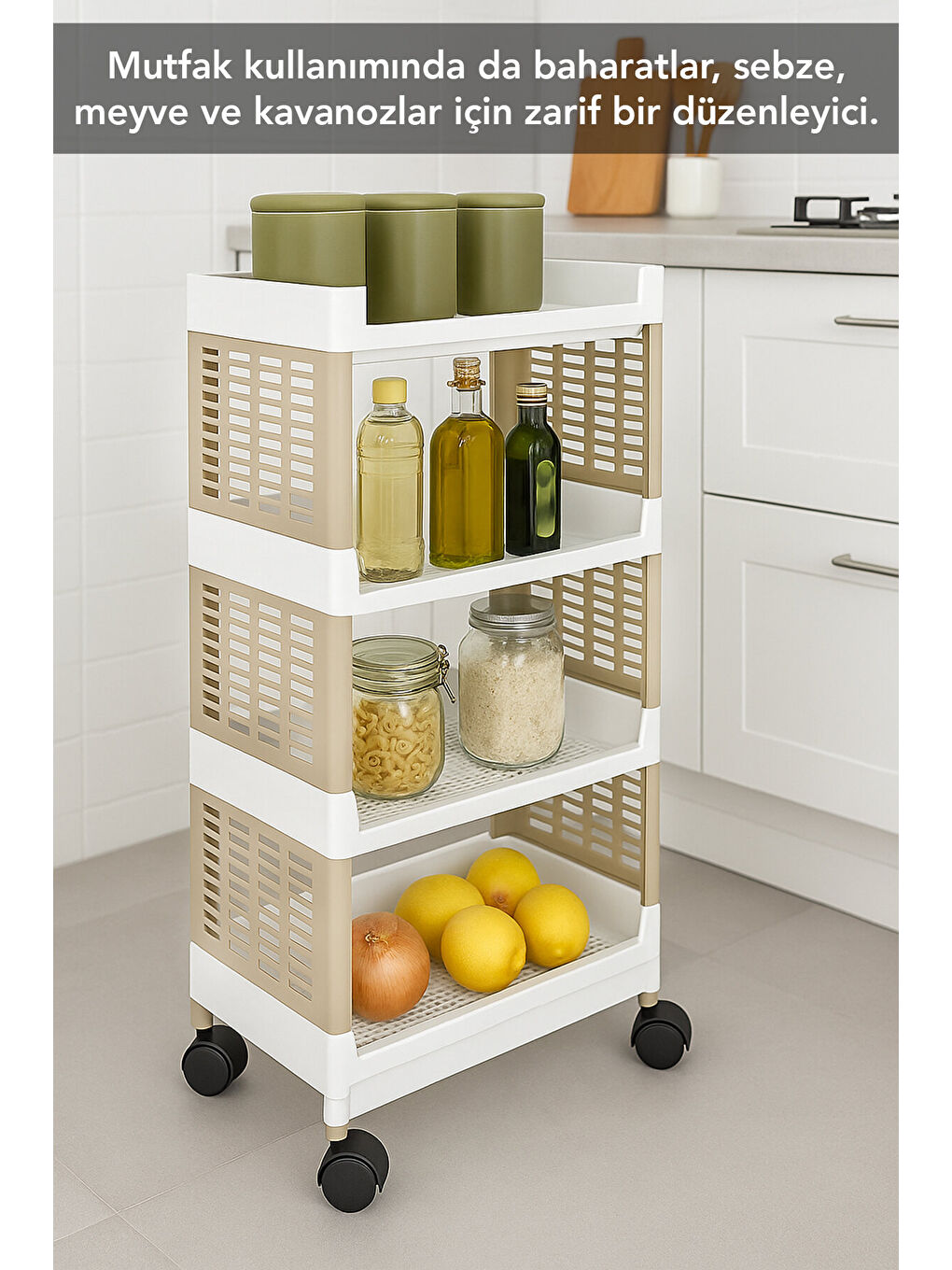 Bej 4 Katlı Tekerlekli Banyo Rafı-3