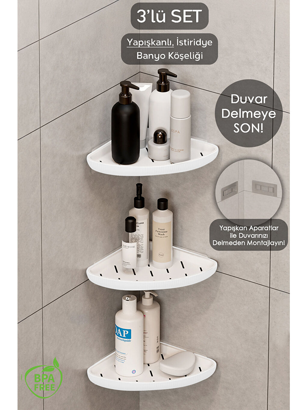 Beyaz 3 Adet Banyo Rafı