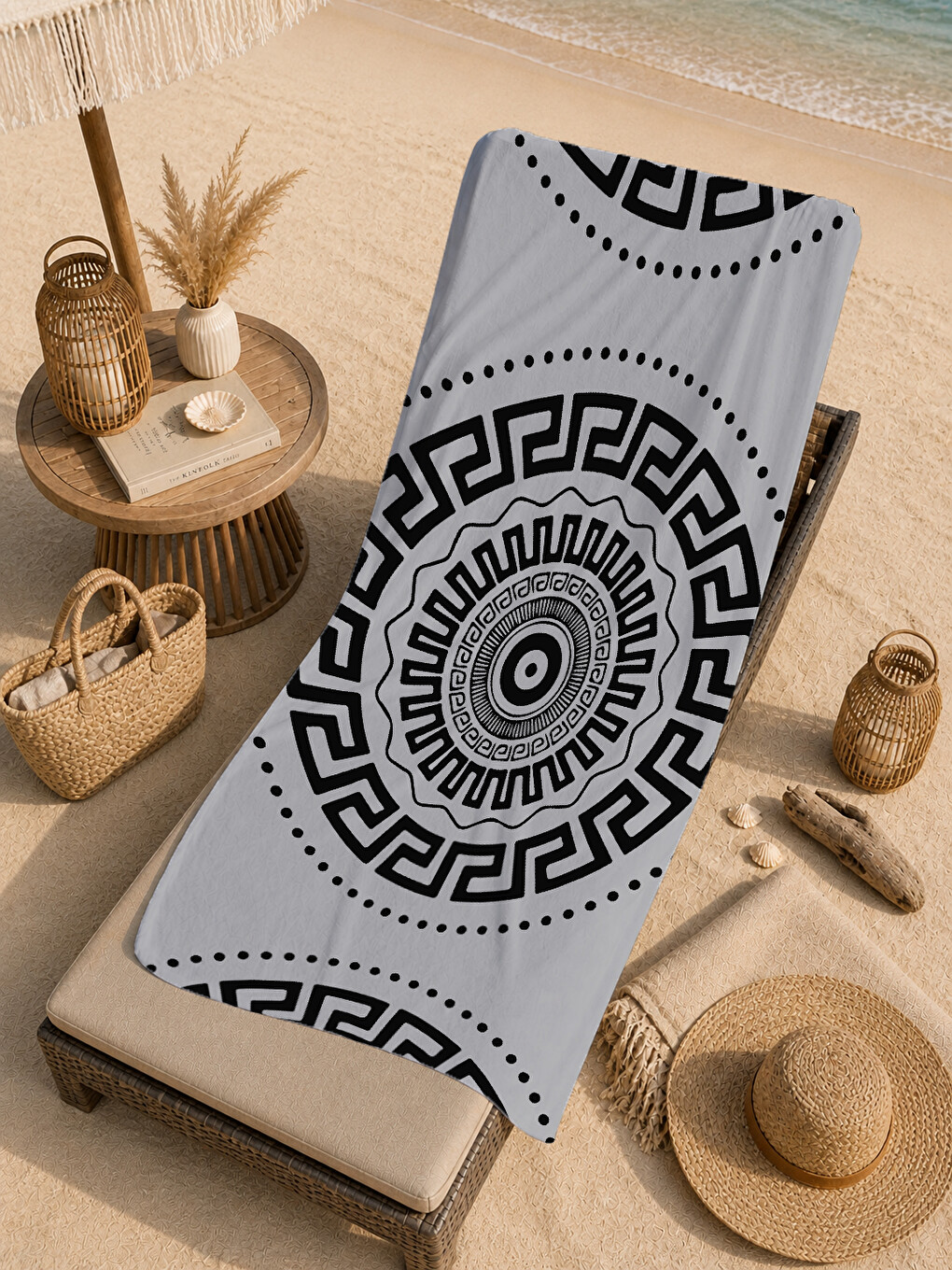 Bej Siyah Yunan Anahtarı Mandala Desenli 70x150 Cm Dijital Baskılı Plaj Ve Banyo Havlusu-4