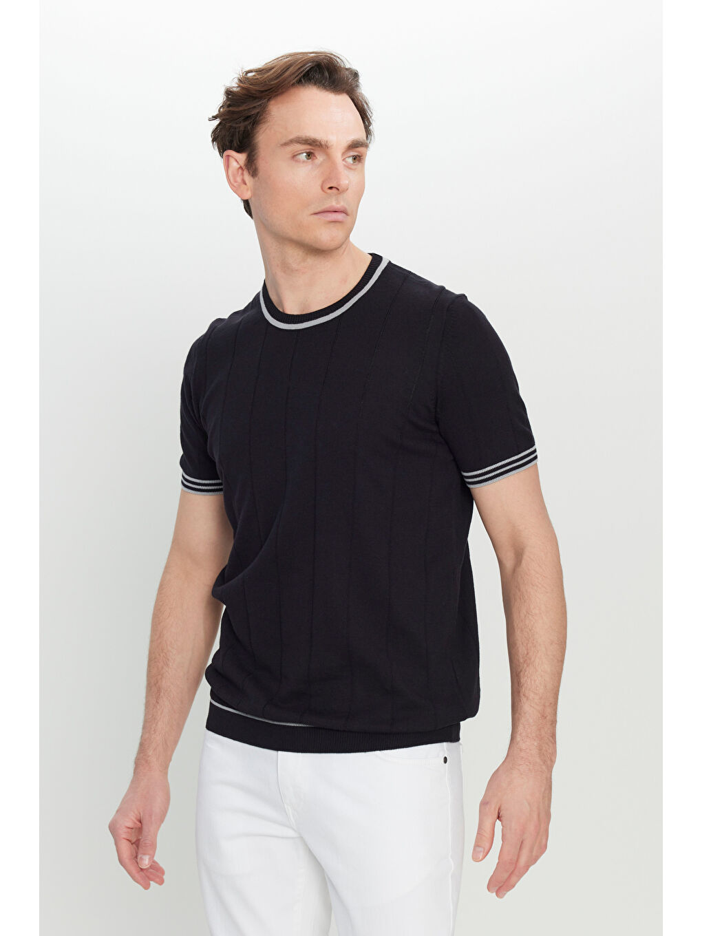 Erkek Siyah %100 Pamuk Standart Fit Normal Kesim Bisiklet Yaka Triko Tişört-2